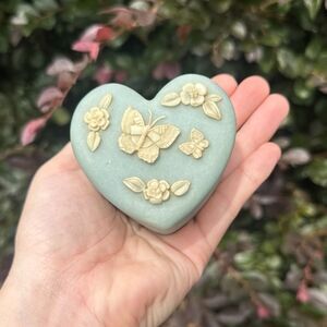 Vintage Blue Incolay Stone Heart Shaped Trinket Box Butterflies 3” Cottagecore